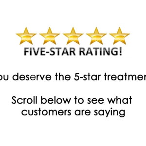 Op de afbeelding: Vijf gouden sterren met de tekst "FIVE-STAR RATING!" en de tekst "U verdient de 5-sterrenbehandeling! Scrol naar beneden om te zien wat klanten zeggen."
