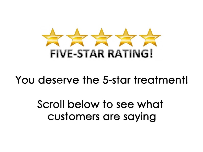 Op de afbeelding: Vijf gouden sterren met de tekst "FIVE-STAR RATING!" en de tekst "U verdient de 5-sterrenbehandeling! Scrol naar beneden om te zien wat klanten zeggen."