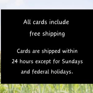 May include: Black and white text on a black background. The text reads: "All cards include free shipping. Cards are shipped within 24 hours except for Sundays and federal holidays."