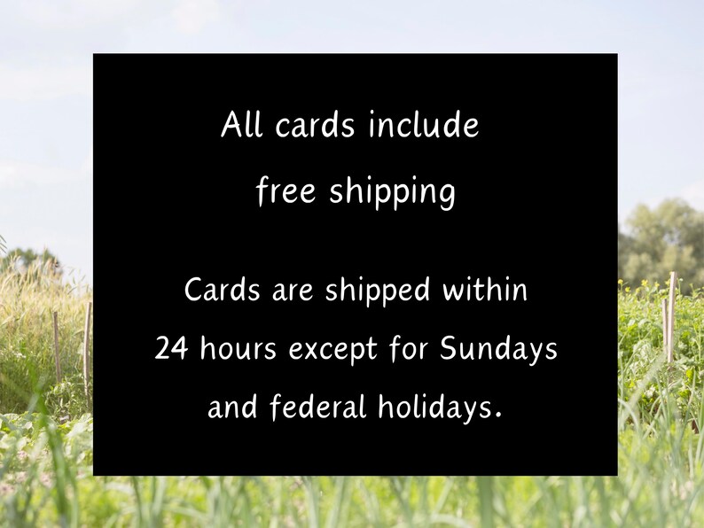May include: Black and white text on a black background. The text reads: "All cards include free shipping. Cards are shipped within 24 hours except for Sundays and federal holidays."