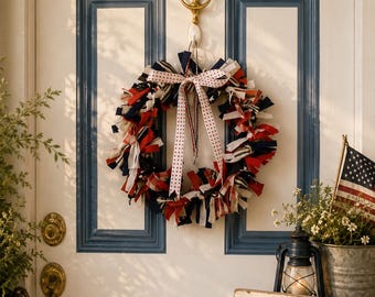 Handmade Americana Rag Wreath | Red White Blue Farmhouse Door Decor