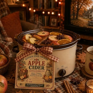 May include: A beige slow cooker filled with apple cider, sliced apples, orange rounds, and star anise. A plaid ribbon attaches a tag labeled Kitchen Door Forager Apple Cider Warming Simmer Pot with ingredients listed, including cinnamon sticks.
