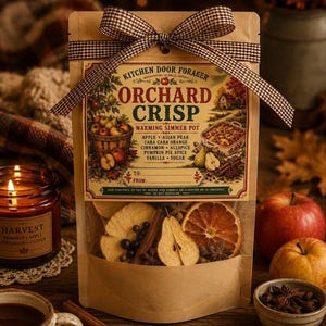 May include: A brown paper pouch labeled Orchard Crisp by Kitchen Door Forager, tied with a brown and white gingham ribbon. The clear window reveals dried apple slices, pear halves, orange slices, cinnamon sticks, and spices for a simmer pot.