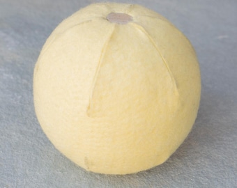 May include: A light yellow felt ball with a small brown circle in the center. The ball has a textured surface and is slightly flattened on the top.