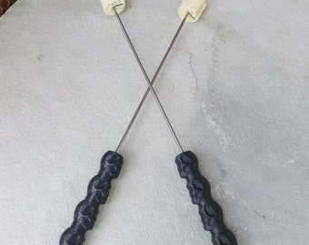 Pair of Fire Torch - Fire Eating / Fleshing Torches - Rubber Skull Grips, Stainless Steel Shaft, Kevlar Wick - Trick Concepts