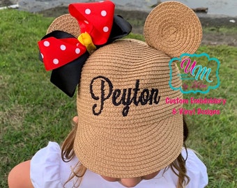 Mouse Ears Straw Hat Personalized w/Name/Monogram, Child Sun hat, Embroidered straw hat, Youth hat, Mickey/Minnie Mouse Hat personalized