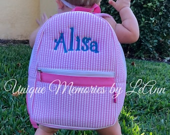 Toddler Seersucker Backpack personalized w/FREE Name/monogram, Mini Seersucker backpack,Preschool, Small Backpack, Girls seersucker backpack