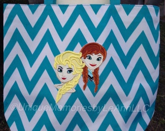 Disney's Frozen Queen Elsa and Princess Anna Inspired Chevron Beach Bag/Tote with zippered closure - Personalized 11 Different colors