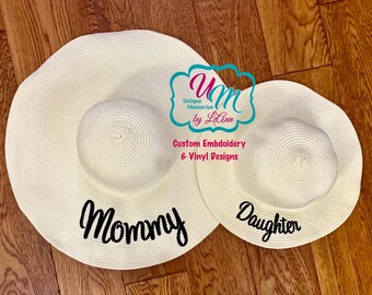 Mommy and Daughter matching Floppy Beach Hat Set, Mommy and Me Beach Hat set, Sun hat, Embroidered floppy hat, Beach Hat, Straw Beach  Hat