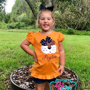 Tiger Girl w/Bow Applique Ruffle shirt personalized w/FREE Name/Monogram - Tiger Girl Mascot, Tigers Gameday shirt, Tigers Football Shirt,