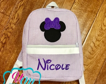 Mickey or Minnie Mouse Mini Seersucker Backpack FREE Name/monogram - School Bag, Children's backpack, Quilted, Minature Backpack, Disney bag