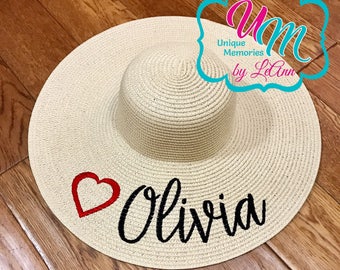 CUSTOM "YOUR NAME" & Heart floppy Beach Hat, Name Hat, Bride Beach hat, Personalized Floppy Hat, Embroidered floppy hat, Beach Hat Heart hat
