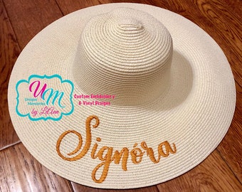 Signora Embroidered floppy Beach Hat, Personalized Straw Hat, Sun hat, Floppy hat, Beach Hat, Straw floppy Beach Hat, Straw Cruise hat