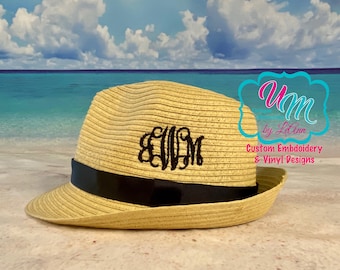 Men/Women/Boy/Girl Personalized Fedora Hat, Name/Monogram, Sun hat, Embroidered hat, Beach Hat, Straw Beach Hat, Unisex Fedora Beach Hat