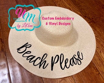 Beach Please Embroidered  floppy Beach Hat, Personalized Straw Hat, Sun hat, Floppy hat, Beach Hat, Straw floppy Beach Hat, Cruise Hat