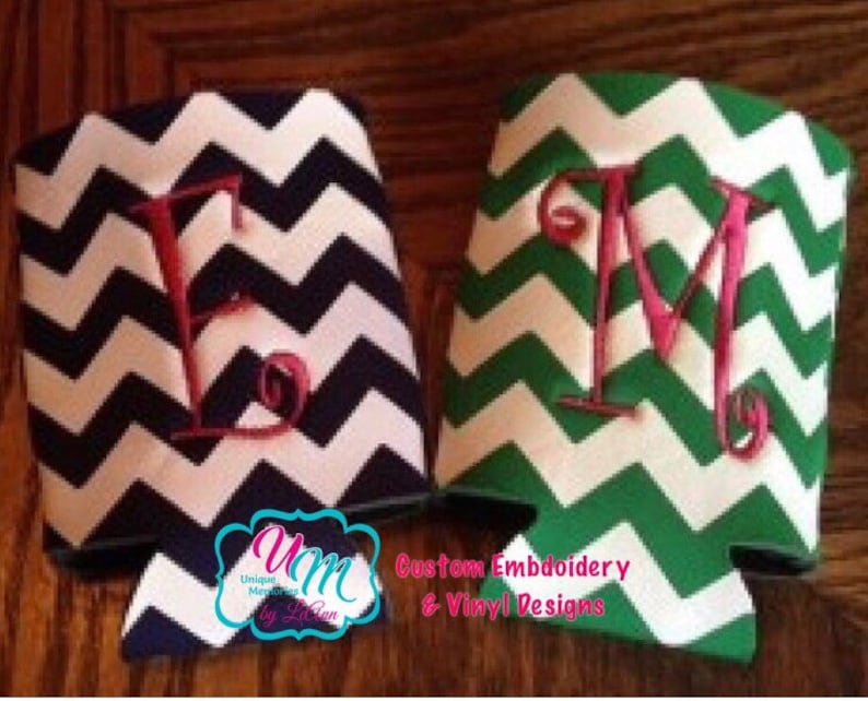 Chevron Personalized embroidered insulated can cooler insulated drink holder Insulated Can Hugger Monogrammed hugger beer huggie