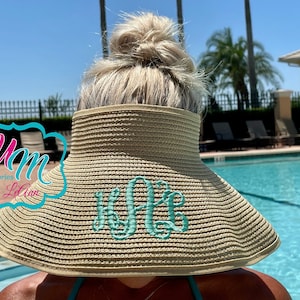 Wide Brim Floppy Roll Up Beach Hat/Visor Embroidered Name or Monogram with Bow Detail in back, Beach Hat, Straw Sun Hat, Floppy Sun Visor