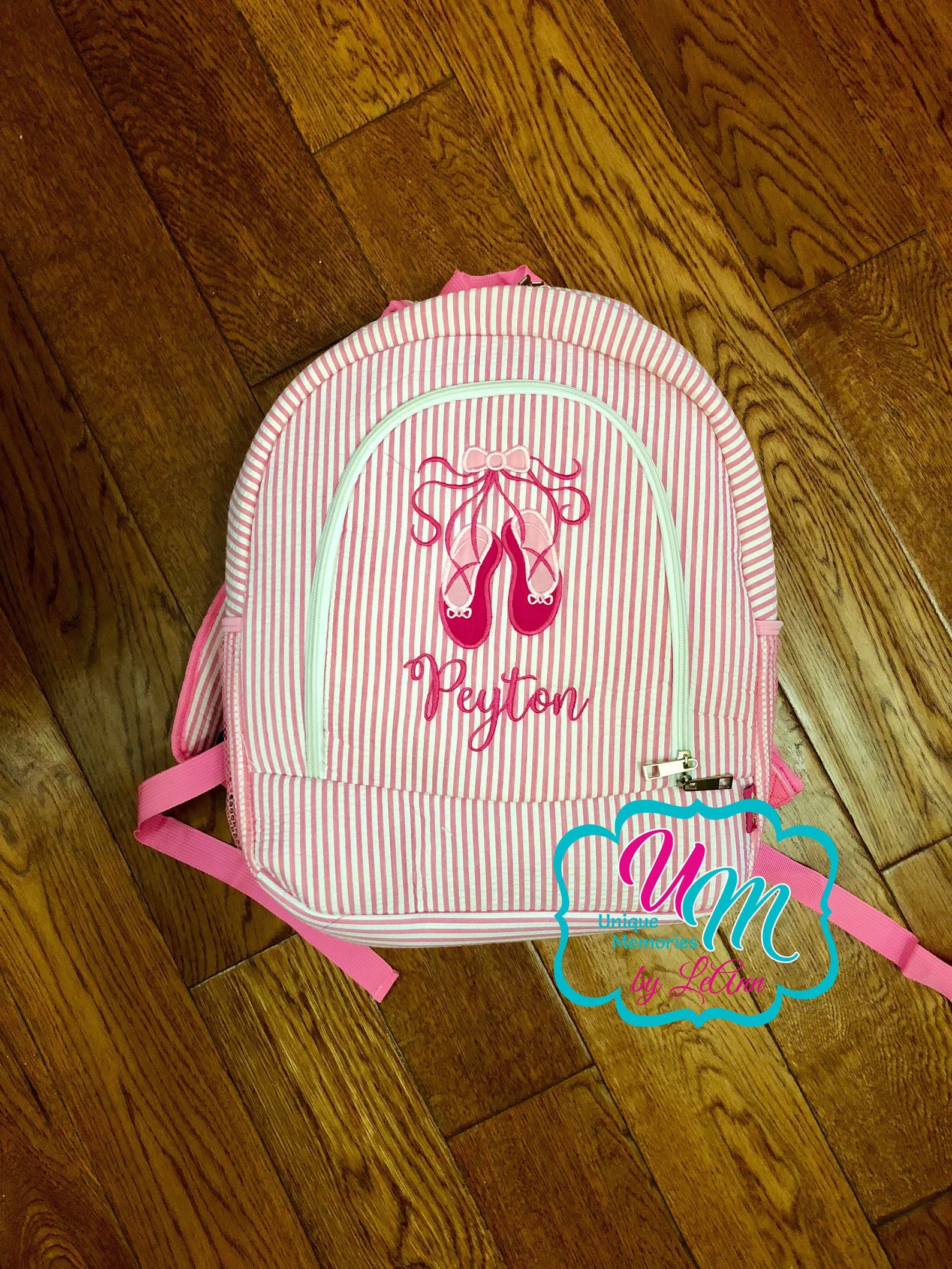 seersucker backpack ballet shoes applique with free name or monogram - school bag, large bookbag, children's backpack, quilt