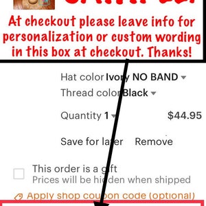 May include: A screenshot of a mobile phone screen showing a shopping cart with a single item. The item is a hat with the option to personalize it. The hat is available in ivory with black thread. The price of the hat is $44.95. The text "SAMPLE" is displayed in red at the top of the screen.