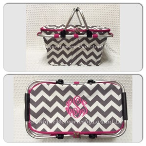 Chevron insulated Picnic Basket FREE Monogram or Name -Great for Brides, Birthdays, Housewarming, Christmas, Tailgating, Beach, Boating