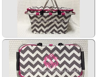 Chevron insulated Picnic Basket FREE Monogram or Name -Great for Brides, Birthdays, Housewarming, Christmas, Tailgating, Beach, Boating