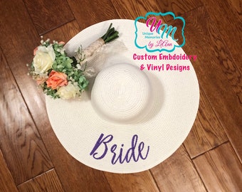 Sombrero de playa flexible para novia bordado, sombrero de boda, sombrero de playa para novia, sombrero flexible personalizado, sombrero flexible, sombrero de playa, sombrero flexible de paja para luna de miel