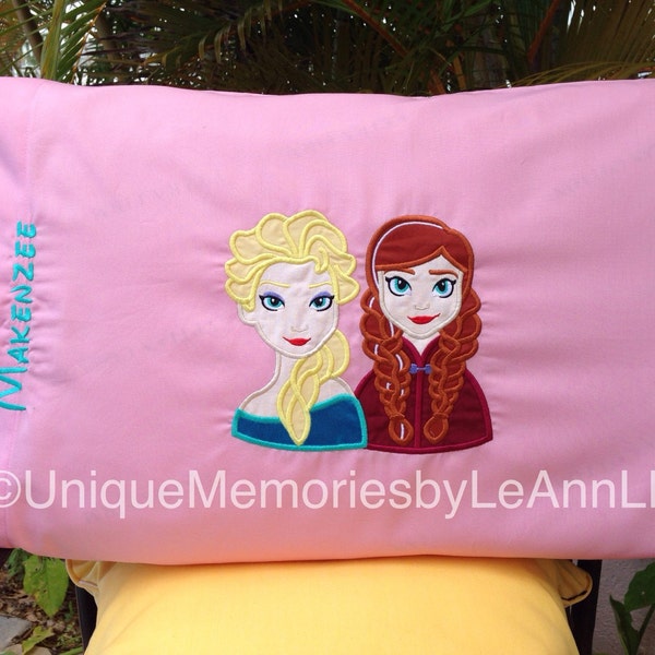 Frozen's Queen Elsa & Princess Anna Inspired Embroidered Appliquéd "DELUXE Version" Pillowcase  -  Name can be added with upcharge