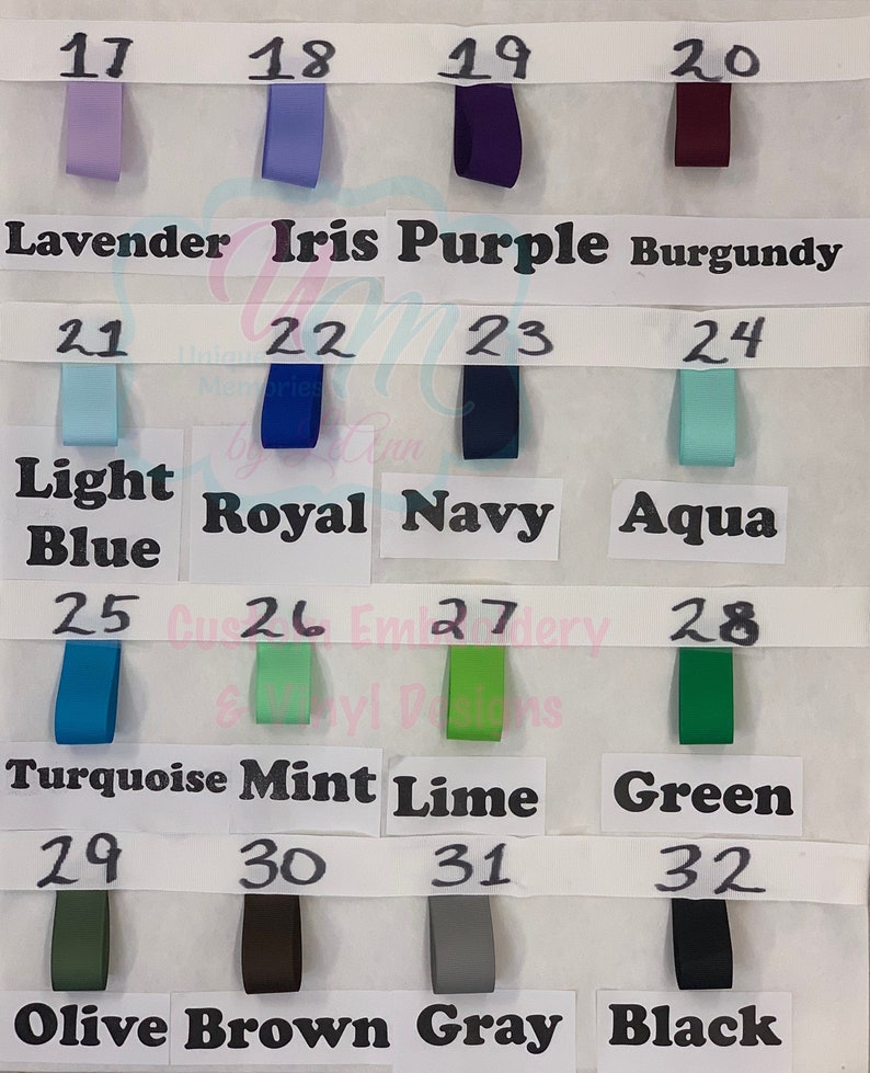 May include: A color chart with 12 rows of ribbon samples, each row labeled with a number and a color name. The colors include lavender, iris purple, burgundy, light blue, royal blue, navy, aqua, turquoise, mint, lime, green, olive, brown, gray, and black.