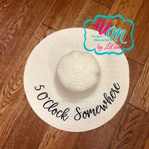5 O'Clock Somewhere Embroidered floppy Beach Hat, Personalized Straw Hat, Sun hat, Floppy hat, Beach Hat, Straw Beach Hat, Straw floppy hat