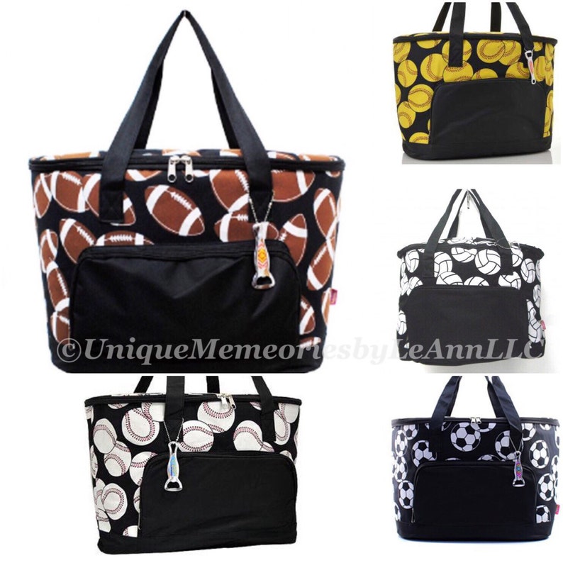 May include: Five different insulated lunch bags with various sports ball designs. The bags are black with a black zipper and a black pocket on the front. The bags have a black handle and a bottle opener attached to the zipper. The designs include footballs, baseballs, soccer balls, volleyballs, and softballs.
