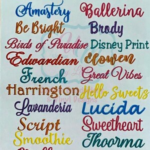 May include: A white background displays the words "Font Choices" in black, with a variety of colorful font styles below. The fonts include "Amastery," "Ballerina," "Be Bright," and "Brody," among others, showcasing different cursive and decorative styles.