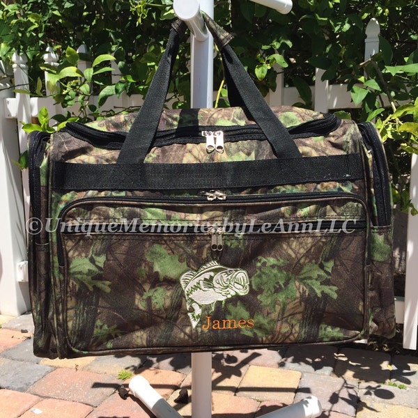 20" Canvas Camouflage Duffel side pockets shoulder Strap Embroidered Bass Fish & FREE name Great for Graduation Birthday, Christmas, Fishing