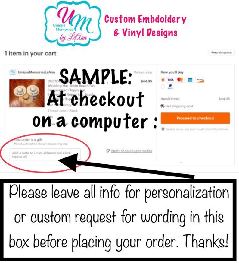 Puede incluir: Una captura de pantalla de una p&aacute;gina de pago de Etsy con un sombrero de boda de muestra. El texto "SAMPLE: At checkout on a computer" se muestra en letras grandes y en negrita. El texto "Please leave all info for personalization or custom request for wording in this box before placing your order. Thanks!" se muestra en un cuadro negro en la parte inferior de la imagen.