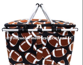 Sports Themed Football, Baseball,Soccer or Softball insulated Picnic Basket FREE Monogram or Name -Tailgating, Sports events, Housewarming