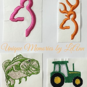 May include: Four embroidered patches on white fabric. The patches are a pink buck, an orange buck, a green bass fish, and a green tractor.
