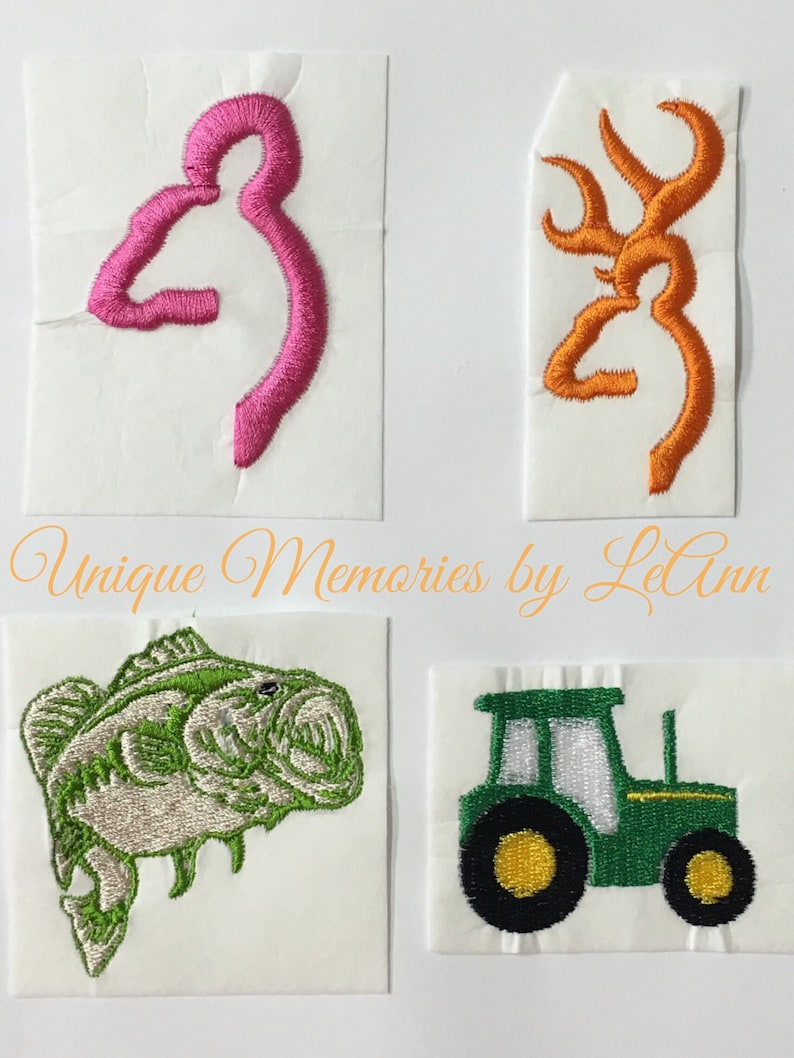 May include: Four embroidered patches on white fabric. The patches are a pink buck, an orange buck, a green bass fish, and a green tractor.