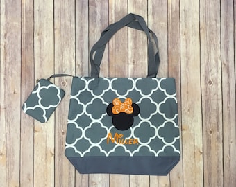 Quatrefoil Tote/Beach Bag - Mickey or Minnie inspired Disney - FREE Name or monogram 10 Colors - Brides, Travel, Cruises, Birthdays, Gifts
