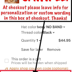 May include: A screenshot of a mobile phone screen showing a shopping cart with a single item. The item is a hat with the option to personalize it. The hat is available in ivory with black thread. The price of the hat is $44.95. The text "SAMPLE" is displayed in red at the top of the screen.