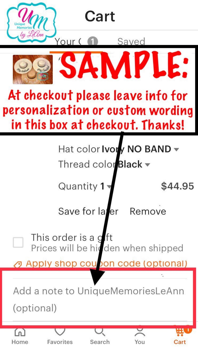 May include: A screenshot of a mobile phone screen showing a shopping cart with a single item. The item is a hat with the option to personalize it. The hat is available in ivory with black thread. The price of the hat is $44.95. The text "SAMPLE" is displayed in red at the top of the screen.