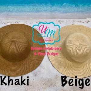 May include: Two wide-brimmed sun hats, one khaki and one beige, are displayed on a sandy beach. The hats have a woven texture and a circular crown. Text on the image reads "Khaki" and "Beige". The hats are part of a custom embroidery and vinyl design collection.