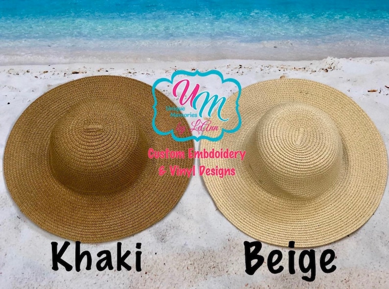 May include: Two wide-brimmed sun hats, one khaki and one beige, are displayed on a sandy beach. The hats have a woven texture and a circular crown. Text on the image reads "Khaki" and "Beige". The hats are part of a custom embroidery and vinyl design collection.