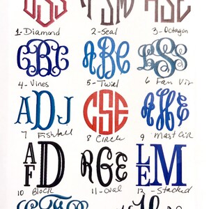 May include: A chart showing 14 different monogram styles with corresponding numbers and names. The styles include diamond, seal, octagon, vines, twiel, fan vir, fishtall, circle, mast cir, block, oval, stacked, sydney, and bailey. The monograms are in various colors, including blue, red, brown, and black.