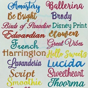 May include: A white background displays the words "Font Choices" in black, with a variety of colourful font styles below. The fonts include "Amastery", "Ballerina", "Be Bright", and "Brody".