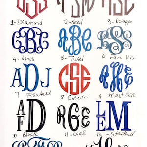 May include: Fourteen monogram designs are displayed, each featuring three letters in different styles such as Diamond, Seal, and Octagon. Handwritten text below each design indicates the style name.
