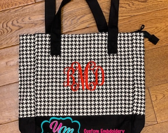 Houndstooth Tote, zippered closure, with FREE Monogram or Name - Beach bag, Diaper bag, tote