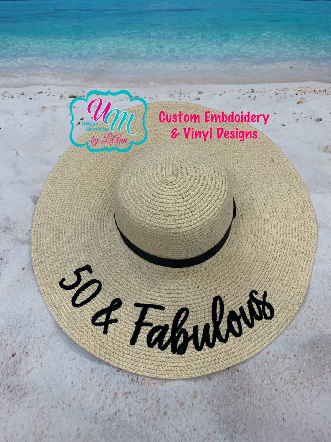 50 & Fabulous Embroidered Floppy Beach Hat, Personalized  display picture 2