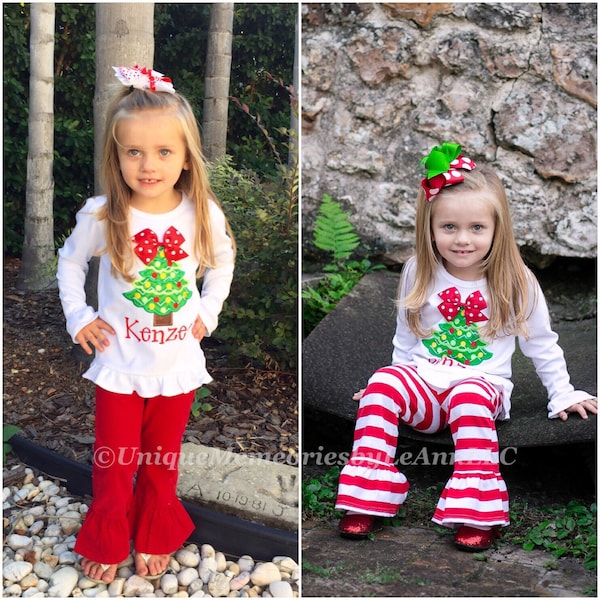 Girls Christmas Tree pant set Ruffle pants and Shirt personalized with FREE Name or Monogram, Girls Christmas outfit, Girls Holiday Outfit