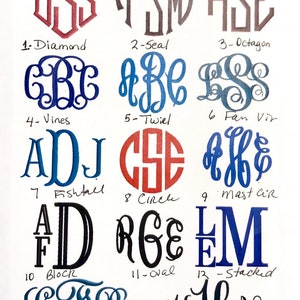 May include: A chart showing 14 different monogram styles with their names. The styles include Diamond, Seal, Octagon, Vines, Twiel, Fan Vir, Fishtall, Circle, Mast Cir, Block, Oval, Stacked, Sydney, and Bailey.