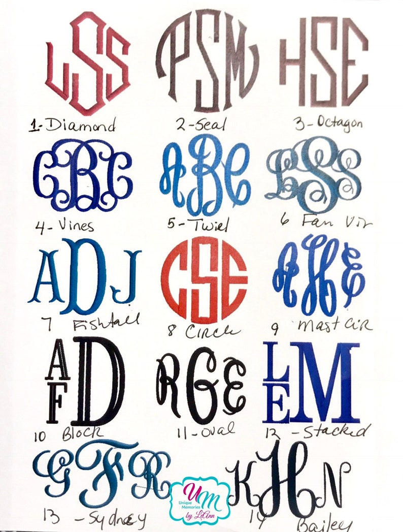 May include: A chart showing 14 different monogram styles with their names. The styles include Diamond, Seal, Octagon, Vines, Twiel, Fan Vir, Fishtall, Circle, Mast Cir, Block, Oval, Stacked, Sydney, and Bailey.