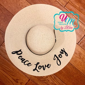 Peace Love Joy Floppy Beach Hat, Personalized Straw Hat, Sun hat, Embroidered floppy hat, Beach Hat Straw floppy Beach Hat, Cruise, Vacation